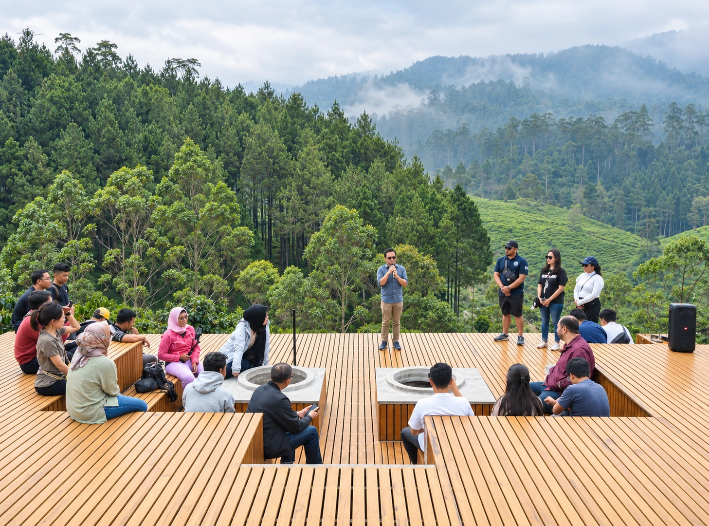 Sesi kebersamaan corporate di teras Cabinite dengan latar hutan pegunungan
