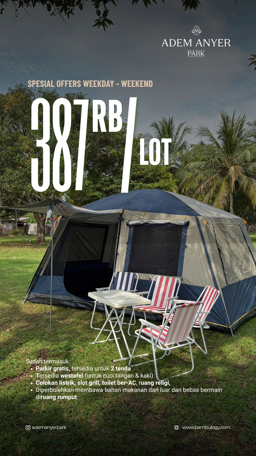 Promo Adem Anyer Park tenda Rp387 ribu per lot weekday dan weekend